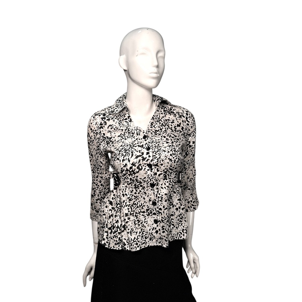 CAROLE LITTLE Button Up Shirt Women's‎ 100% Linen white Leopard Print Top Size M